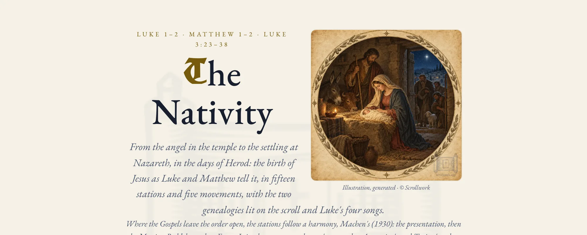 The Nativity opened from its gold coin: the title over Luke 1 to 2, Matthew 1 to 2 and Luke 3:23 to 38, a painted scene of Mary, Joseph and the Child in the manger, and the opening words: from the angel in the temple to the settling at Nazareth, in fifteen stations and five movements