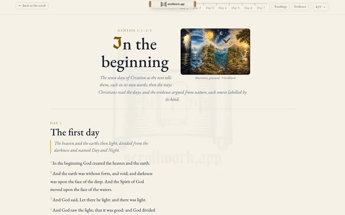 The days of Creation: Genesis 1 in the King James Version beside a painted scene