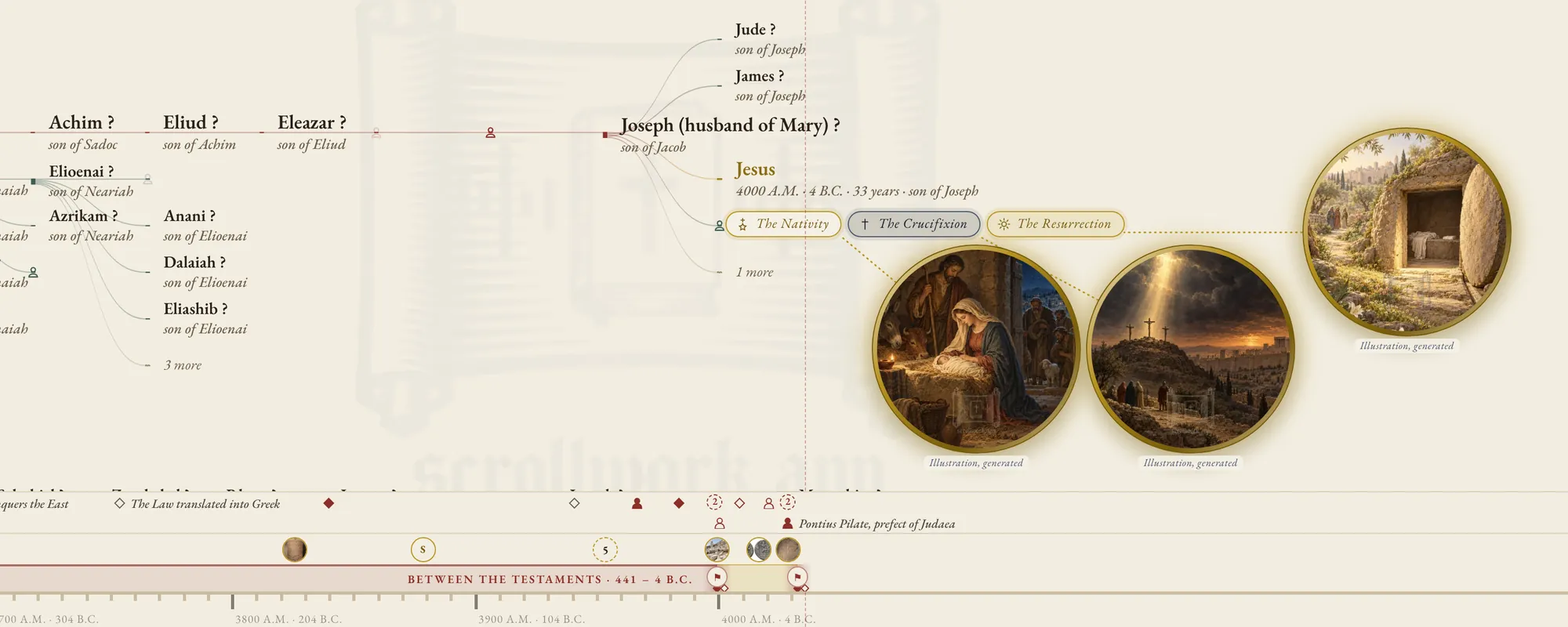 The Lineage of Jesus Christ from 600 B.C. to A.D. 33: the line of descent through Eliud and Eleazar to Joseph, the husband of Mary, and to Jesus Christ, with the coins of the Nativity, the Crucifixion and the Resurrection beside Him, and above the band Between the Testaments the events and finds of the time