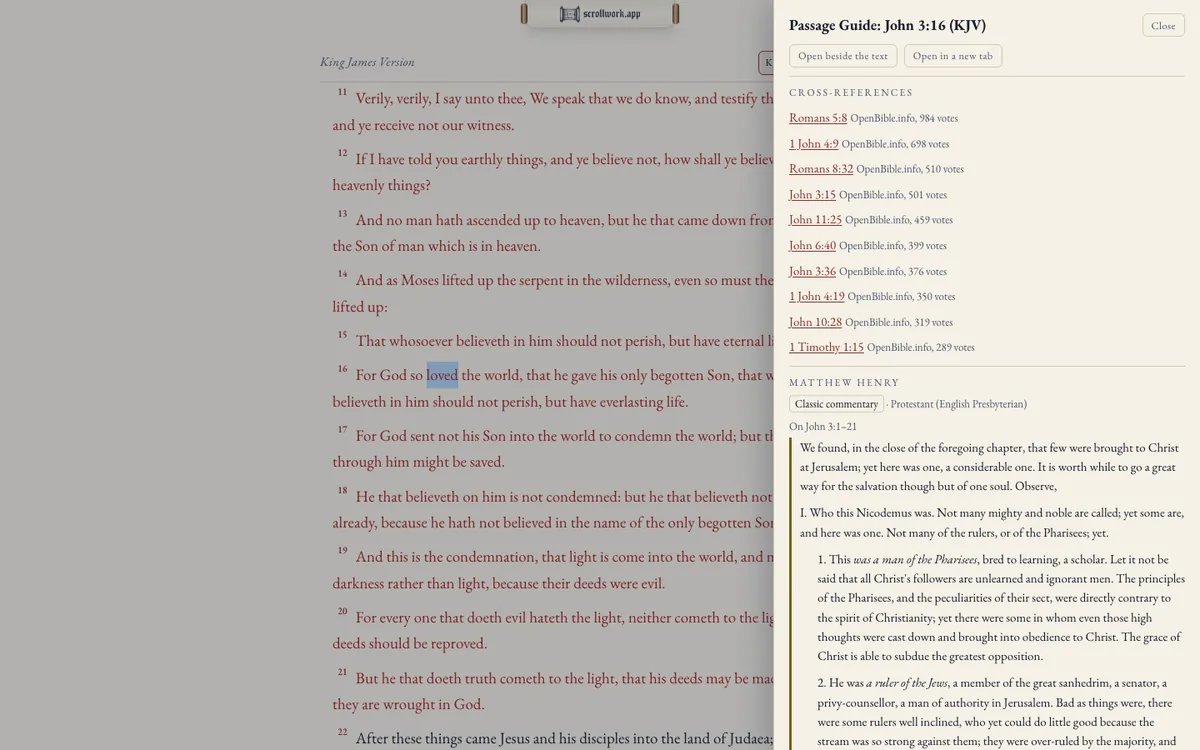 The Passage Guide of John 3:16, King James Version, open beside the chapter: its cross-references ranked by OpenBible.info&rsquo;s votes, and Matthew Henry&rsquo;s commentary on John 3:1&ndash;21