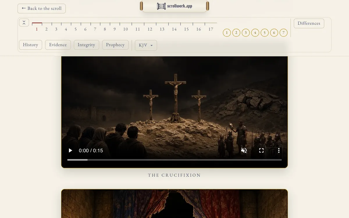 The Crucifixion opened from its gold coin, its films first: the three crosses on the hill at dusk, then the veil of the temple, each with its play control and its title beneath