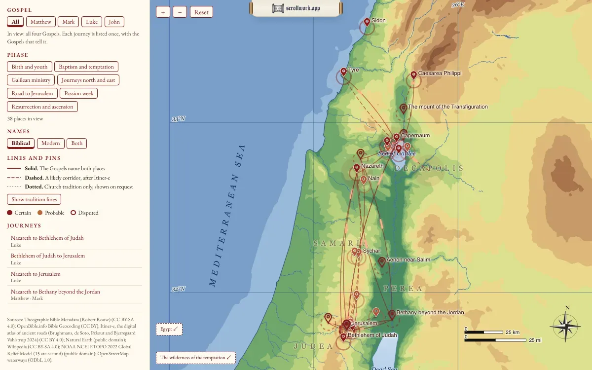 The Journeys of Jesus: Galilee to Judea in relief, the places the Gospels name pinned from Sidon to Bethlehem, the journeys drawn between them, and the Gospel, phase and base map controls beside the map