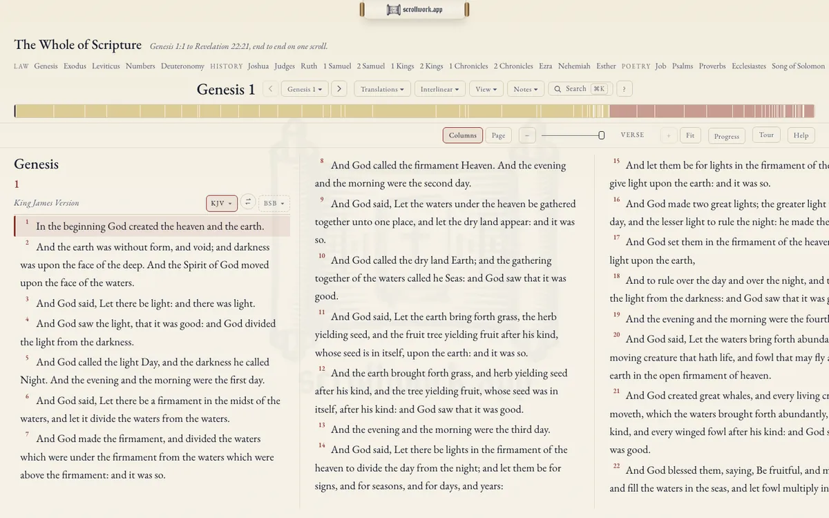 The Whole of Scripture open at Genesis 1 in three columns of the King James Version, the book band of all 66 books across the top, the zoom slider and the Columns and Page choice beneath it