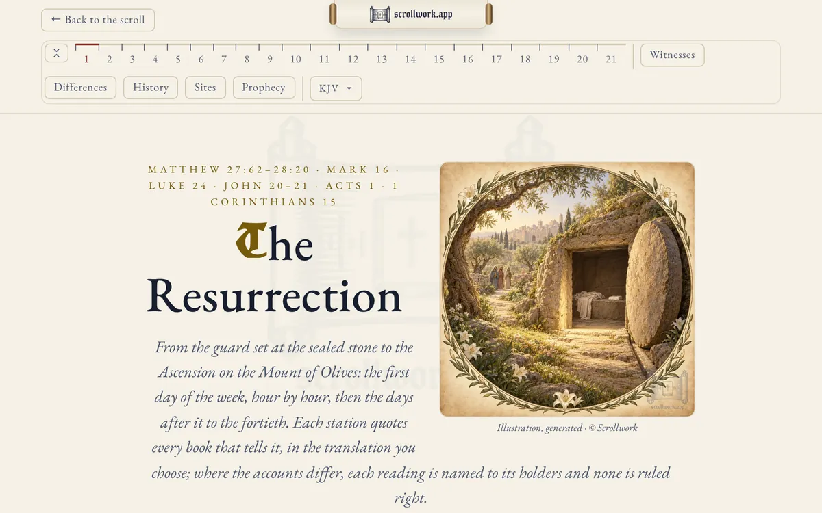 The Resurrection opened from its gold coin: its passages from Matthew 27 to 1 Corinthians 15, a painted scene of the empty tomb with the stone rolled away, and the opening words, from the guard set at the sealed stone to the Ascension on the Mount of Olives