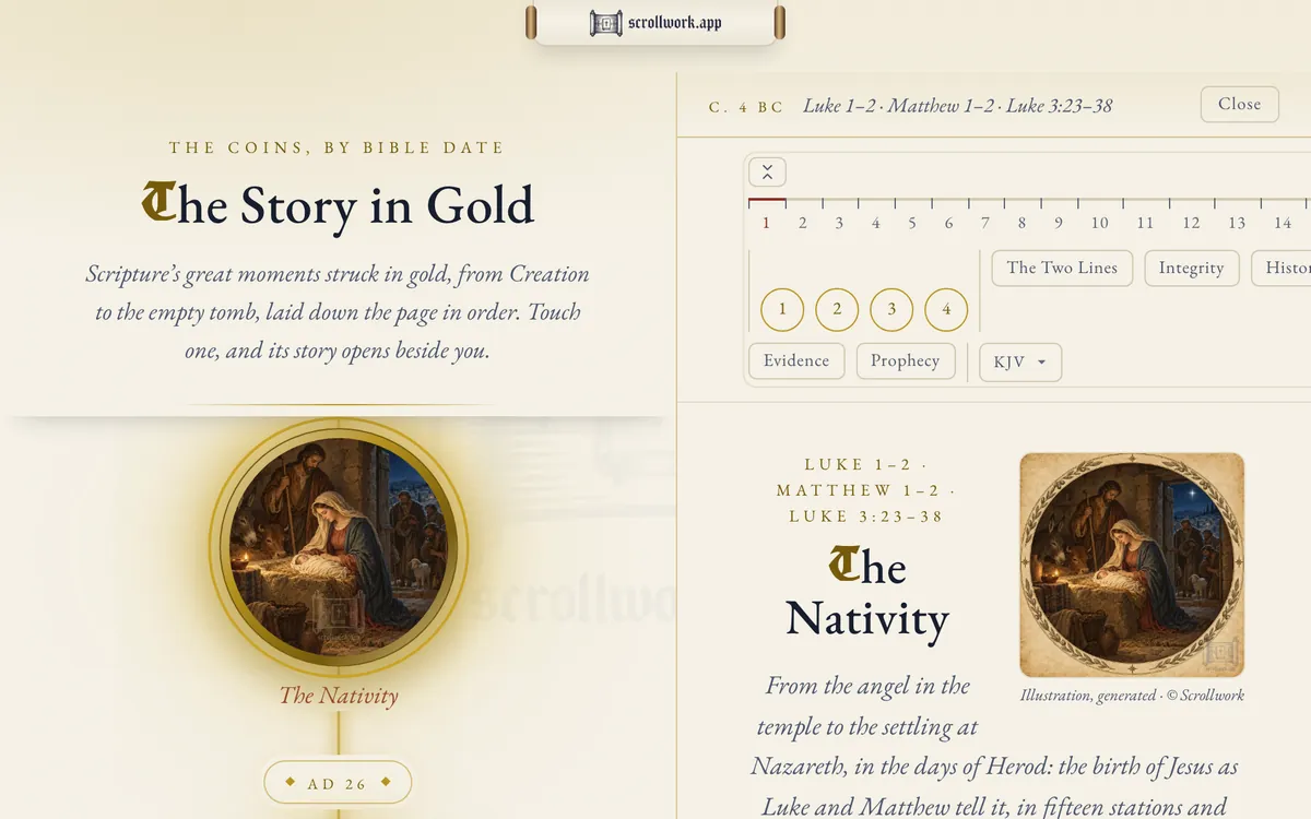 The Story in Gold: the coins down the left by Bible date, the Nativity chosen and its account open beside them, Luke 1 to 2 and Matthew 1 to 2, with a painting of the Child in the manger